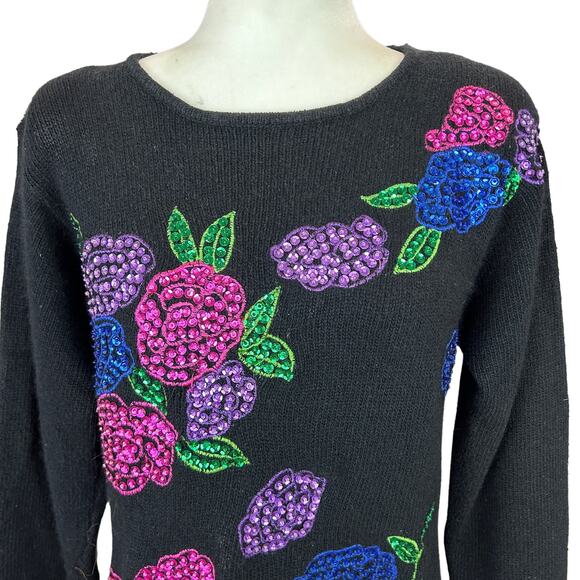 Work In Progress Sequin Sweater Med Black Floral Silk 80s Glam Holiday Vintage - Picture 5 of 12